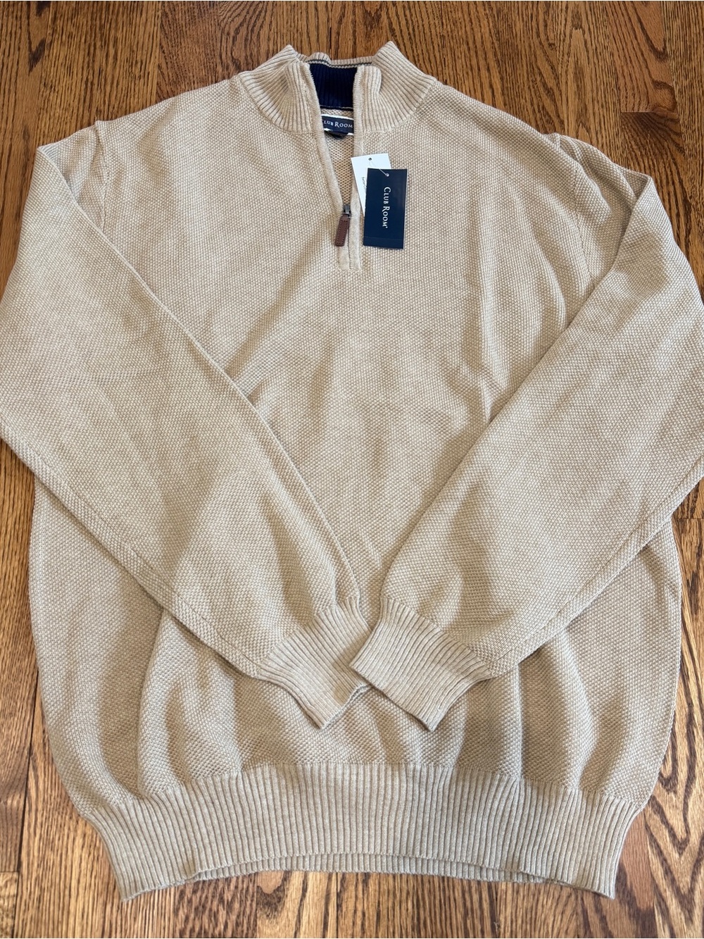 Club Room Men's Beige 100% Cotton Knit Quarter-Zip Mock Neck Sweater Pullover L